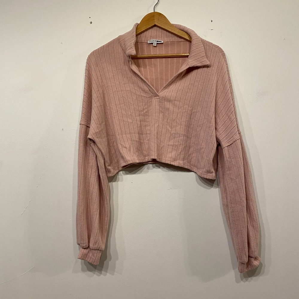 Fashion Nova Womens XL Pink Ribbed Knit Cropped Long Sleeve Polo Collar Top
